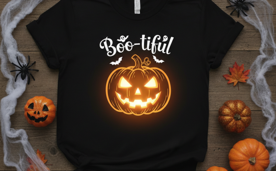 Black Halloween t-shirt with a glowing jack-o’-lantern design and playful text, surrounded by festive props on a wooden surface.