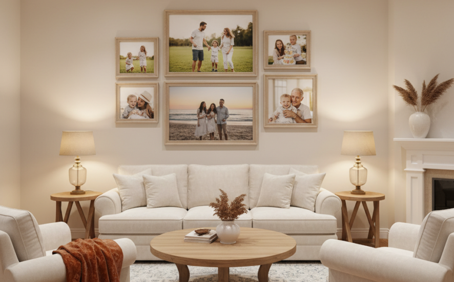 Living room decorated with canvas prints of family memories