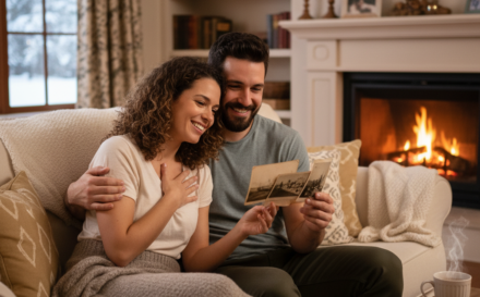 A couple enjoying reminiscing over their cherished memories with old photographs