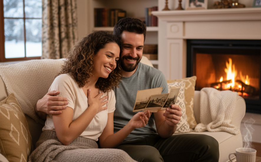 A couple enjoying reminiscing over their cherished memories with old photographs