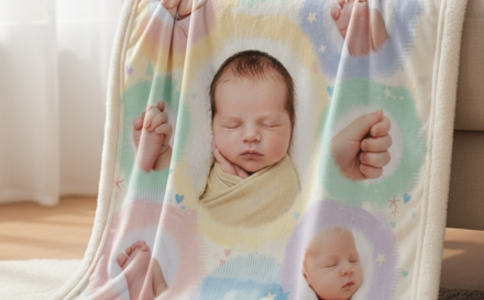Personalised photo blanket showcasing a newborn's images in soft pastel colours.