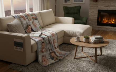 A custom photo blanket displaying baby pictures, draped over a sofa in a cozy living room.