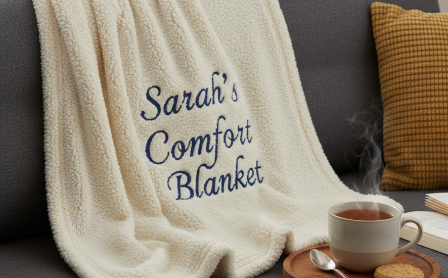 A personalised blanket on a sofa with a cup of tea, representing comfort and warmth.