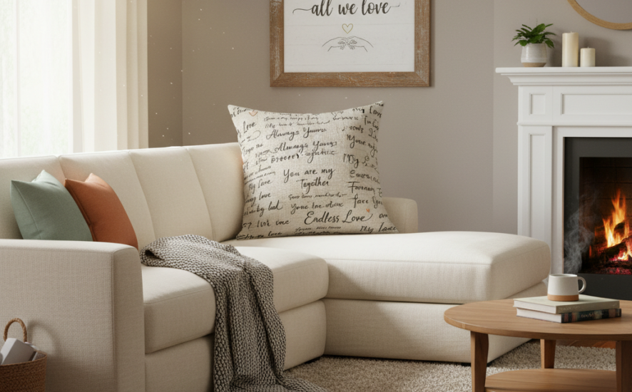 Decorative cushion with handwritten love notes and framed art in a cozy living room.
