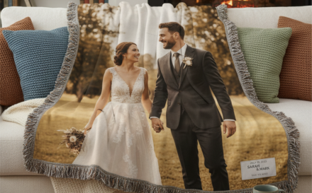 A custom photo blanket with a couple's wedding picture draped over a plush sofa