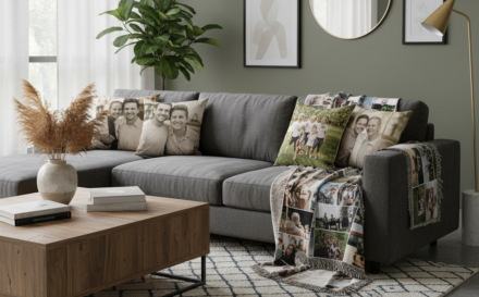 Living room with custom photo cushions and a blanket showcasing cherished memories