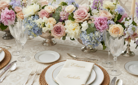 Elegant table setting with personalised napkins, floral arrangements, and fine tableware.