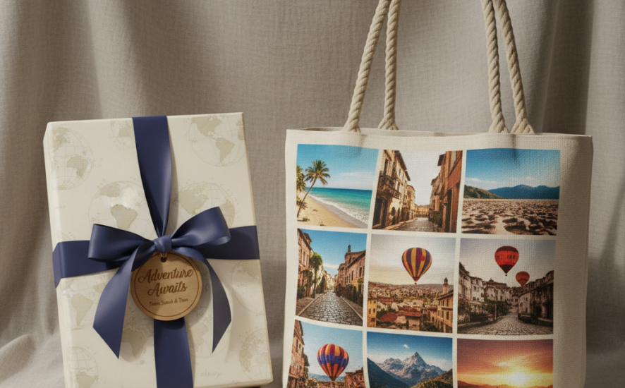 Personalised gift box featuring a unique tote bag with travel photos.
