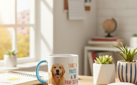 Custom mug with a personal photo and quote on a workspace desk.