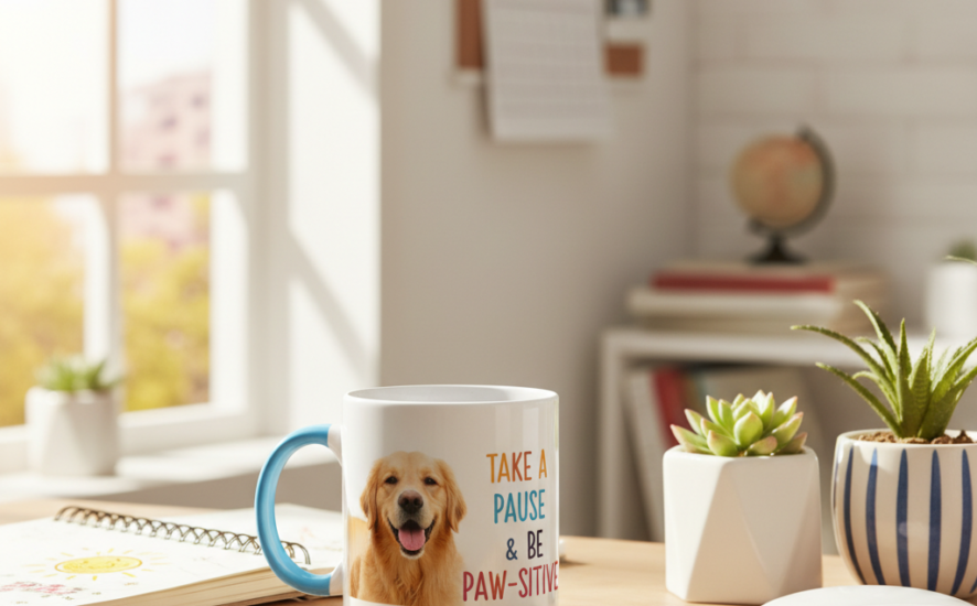 Custom mug with a personal photo and quote on a workspace desk.