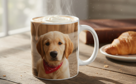 A personalised photo mug with a picture displayed, alongside a cozy setting with soft morning light.