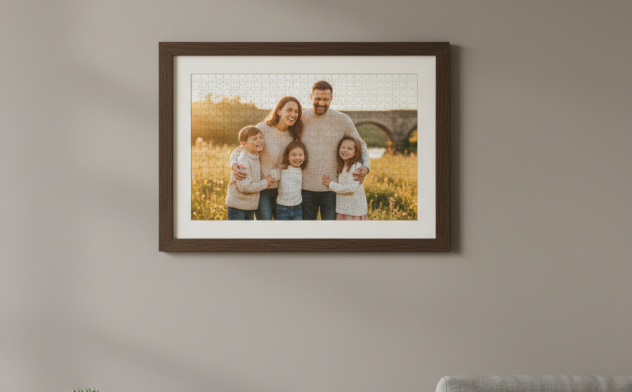 A framed photo puzzle displaying a family portrait hanging on a wall in a cozy living room.