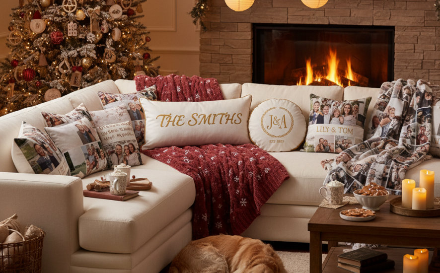 Cozy living room with personalised cushions and blankets creating a warm atmosphere