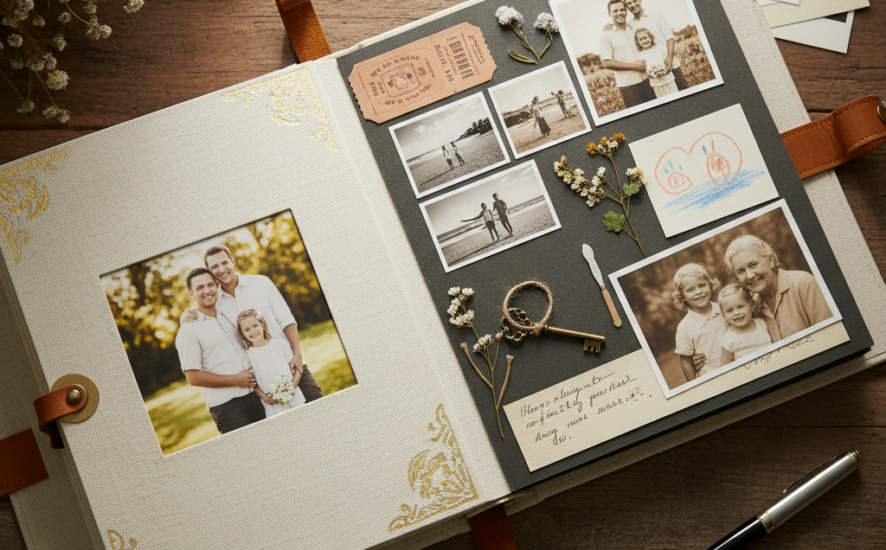 A personalized photo album showcasing family memories with photographs and decorative elements.