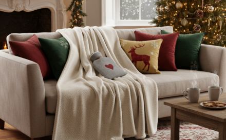 A cosy living room with a fleece blanket on the sofa, cushions, and a hot water bottle.