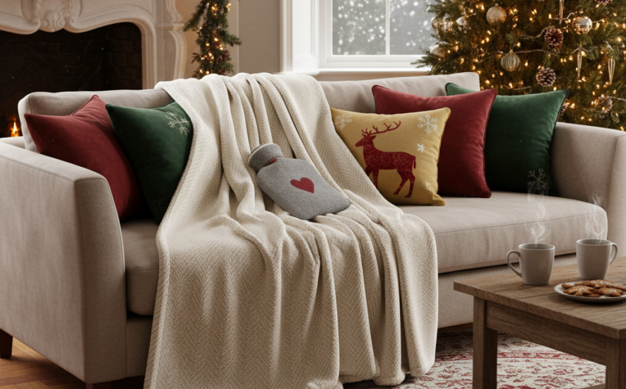 A cosy living room with a fleece blanket on the sofa, cushions, and a hot water bottle.