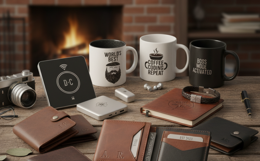 A display of unique personalised gifts for men including wallets and mugs.