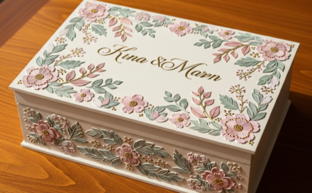 Elegant wedding keepsake box with floral design and couple's names