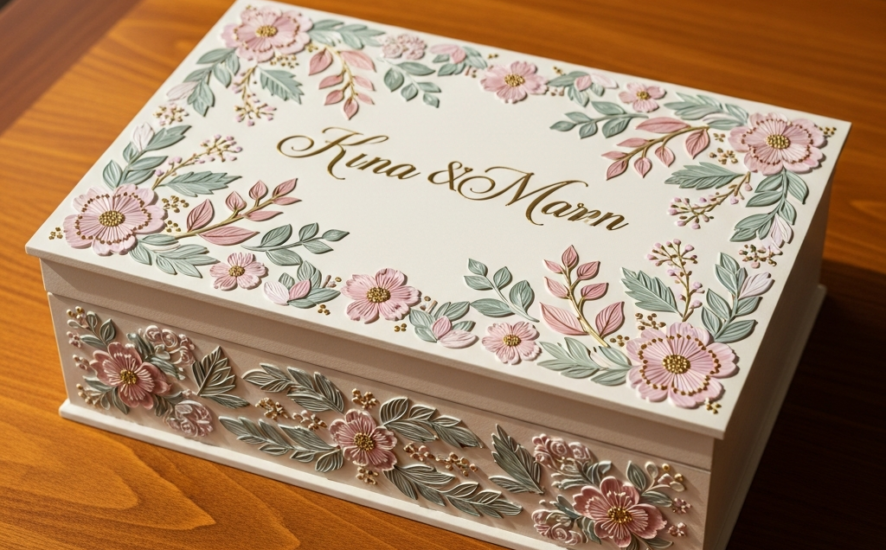Elegant wedding keepsake box with floral design and couple's names