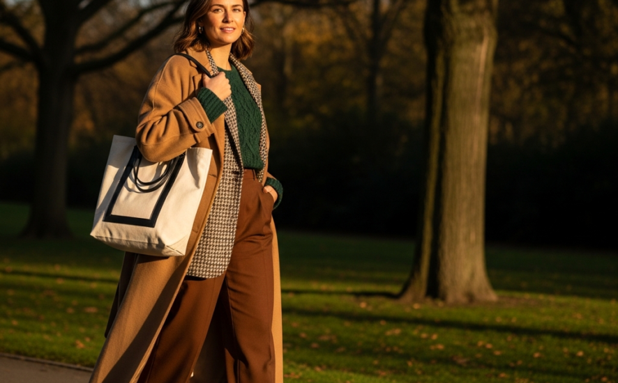 Woman enjoying an autumn day with an oversized tote bag, dressed in warm layers of fashion.