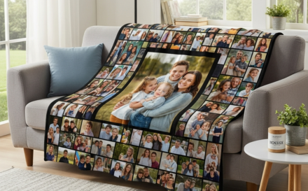 A photo blanket showcasing family moments, arranged elegantly in a warm, inviting space.