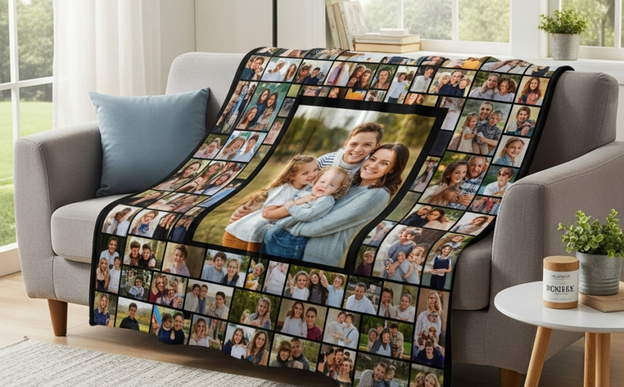 A photo blanket showcasing family moments, arranged elegantly in a warm, inviting space.