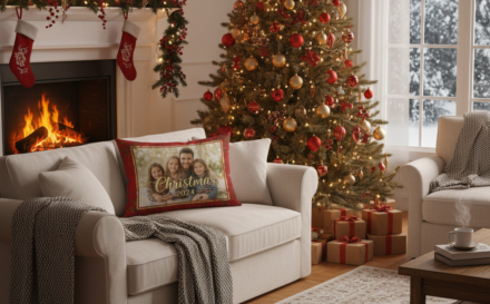 Personalised photo cushion on a sofa in a festive living room