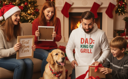 A happy family enjoying the moment while unwrapping personalised gifts around a decorated Christmas tree.