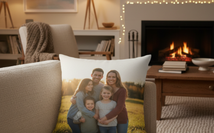 A personalised cushion featuring a printed family photo on a sofa.