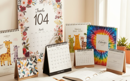 Variety of personalised calendar types: wall calendar, desk calendar, planner