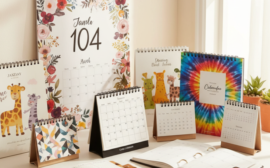 Variety of personalised calendar types: wall calendar, desk calendar, planner