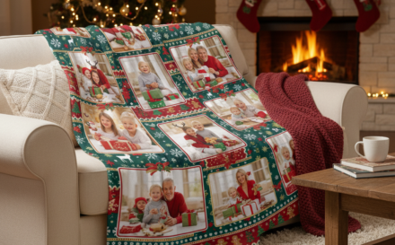 A custom blanket with family photos on a sofa decorated for Christmas.