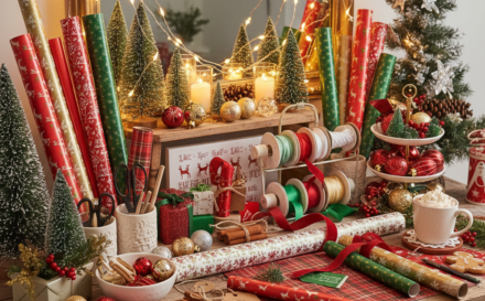 A festive gift-wrapping table adorned with decorations and wrapping supplies.