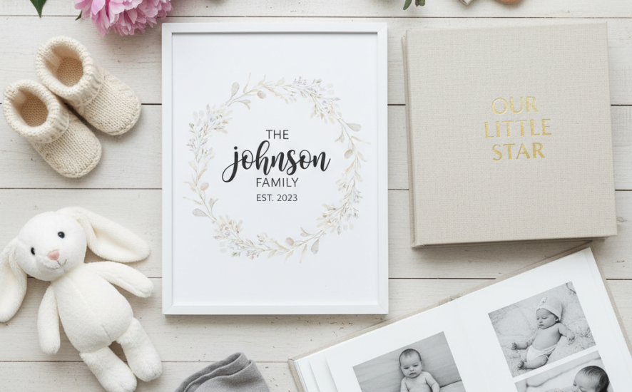 Flat lay of personalised keepsakes including a family name print and photo album, surrounded by baby items and flowers.