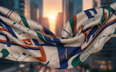 Elegant scarf with a unique print displayed against a city skyline.