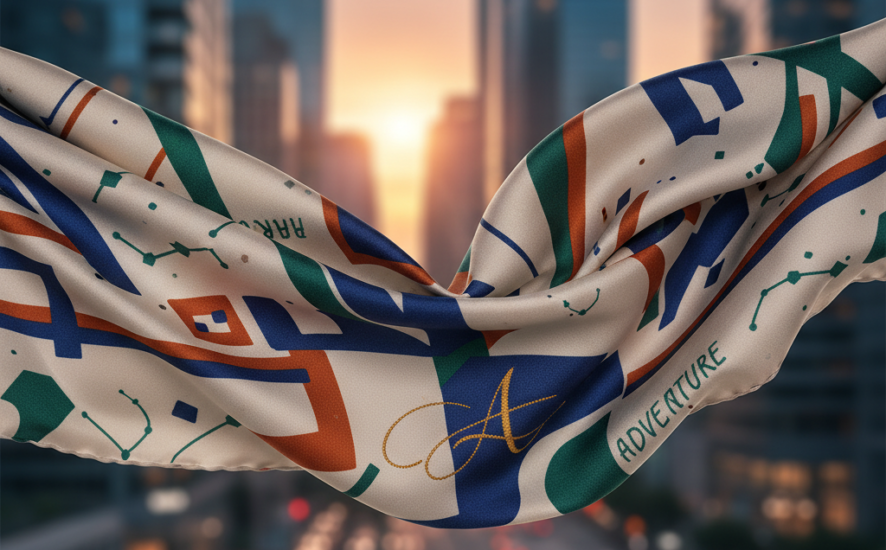 Elegant scarf with a unique print displayed against a city skyline.