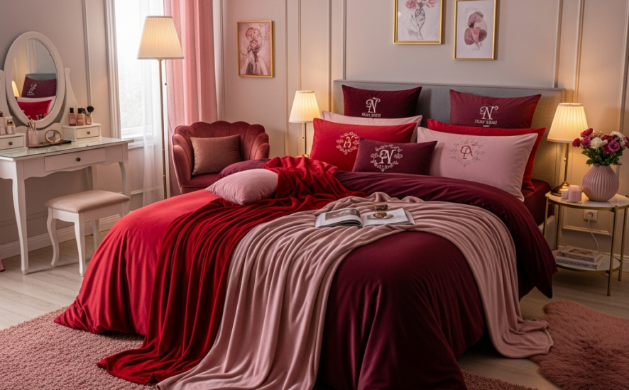 Luxurious bedroom with heart-toned custom bedding and warm lighting