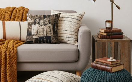 A photo cushion displaying a family picture on a comfy sofa in a modern living room.