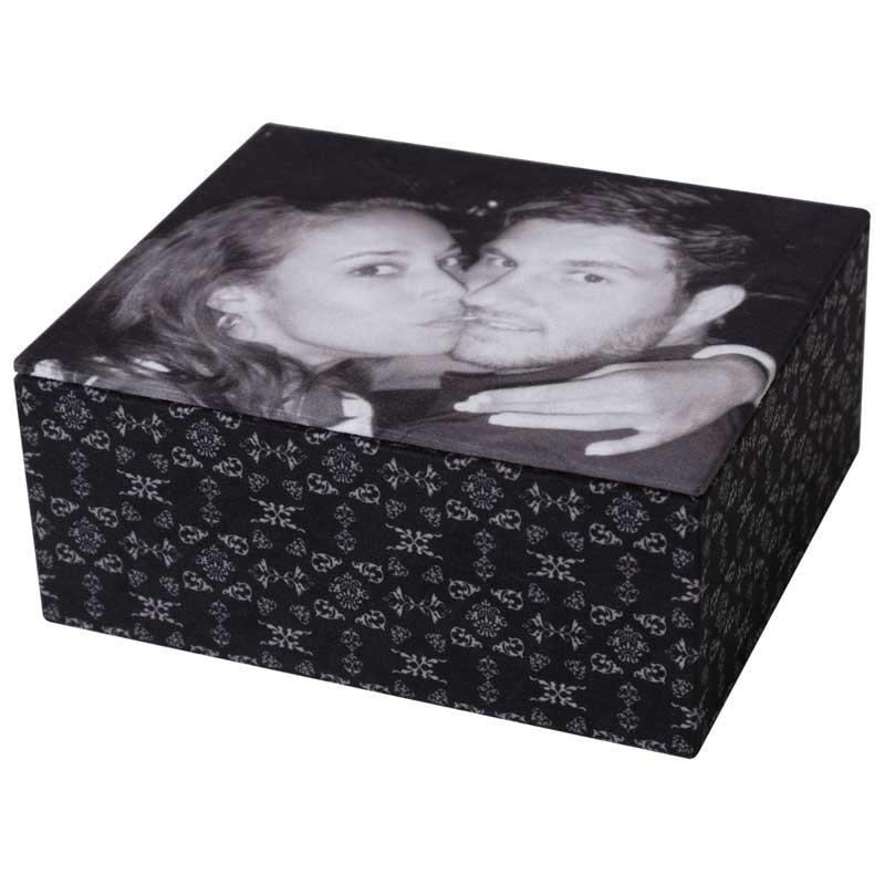 personalised jewellery box with a black and white photo of a couple